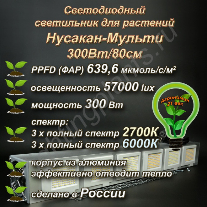 300Вт "Нусакан-Мульти" Мультиспектральный фитосветильник для растений полного спектра